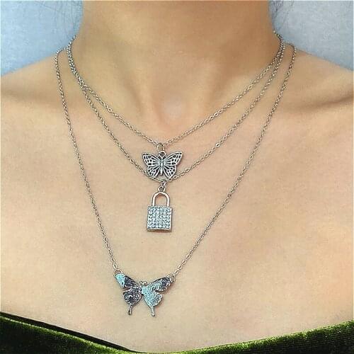Vintage Butterfly Pendant Necklace For Women Bohemia Retro Lover Lock Dangle Drop Multilayer Choker Chain Neckalce Jewelry