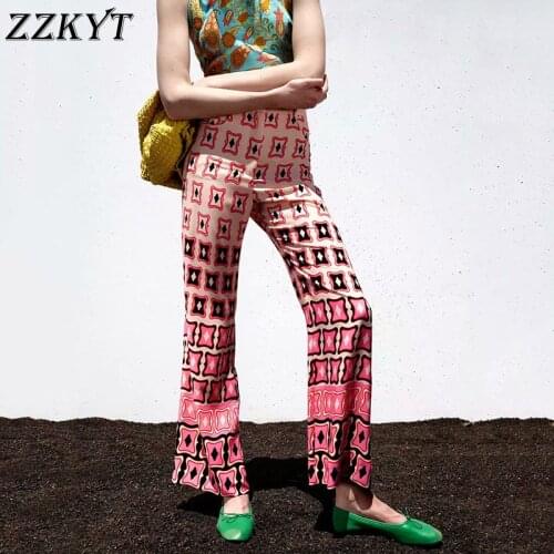2021 Women Spring Fashion Geometric Print Flare Pants Vintage Side Pockets Zipper Fly Female England Style Trousers Mujer
