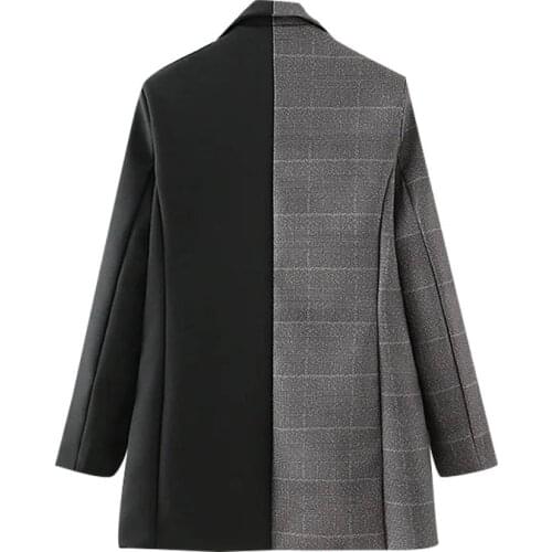 Women 2021 Fashion Double Breasted Patchwork Blazer Coat Vintage Long Sleeve Pockets Female Outerwear Chic Tops