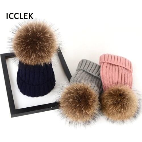 Winter Women Warm Knitted Hat With Ball Real Fur Pompom Hats For Girls Boys Solid Color Autumn Kids Beanie Caps Warmer Bonnet