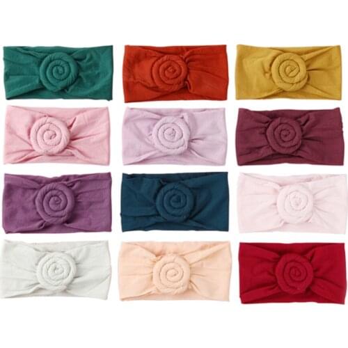 12pcs/lot Nylon Baby Headband Rotating Rose Flower Hair Bands Soft Newborn Baby Turban Hair Accessories 12 Colors JFNY037B