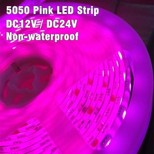 2015 New Arrival 5m/reel DC12v / DC24v Pink Color 60 LEDs/M 5050 SMD LED Strip Flexible No-Waterproof Light Strips