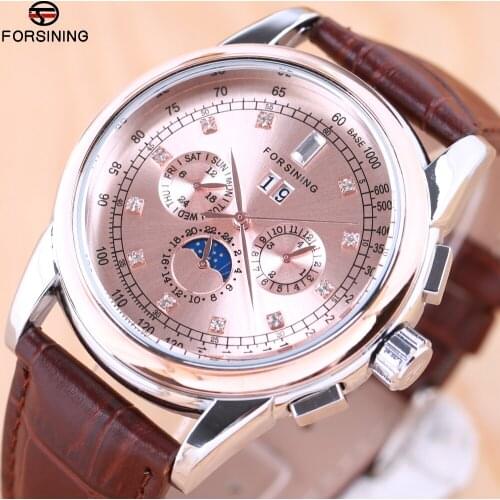 2018 FORSINING Simple Brand Men Fashion Watches Casual Auto Mechanical Genuine Leather Strap Watch Rhinestone Moon Phase Display