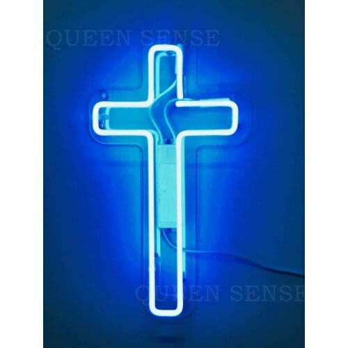 Custom Jesus Cross Blue Acrylic Neon Light Lamp Sign Beer Bar Handmade Real Glass Decorate Home Wall Room Decor