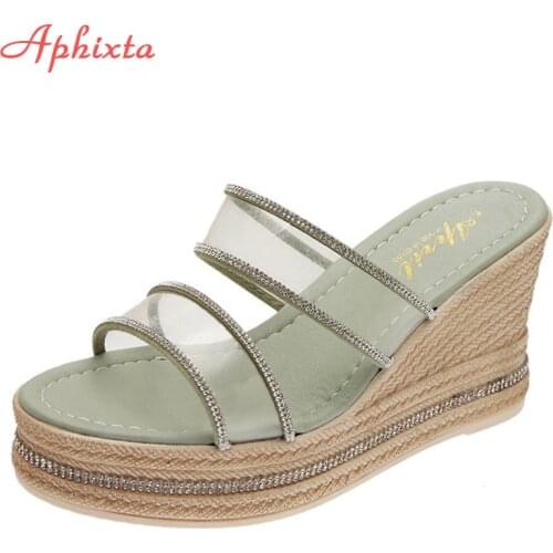 Aphixta 9cm Super High Heels Luxury Crystals Design Platform Wedge Slippers Women Shoes Transparent Clog Flip Flop Light Slide
