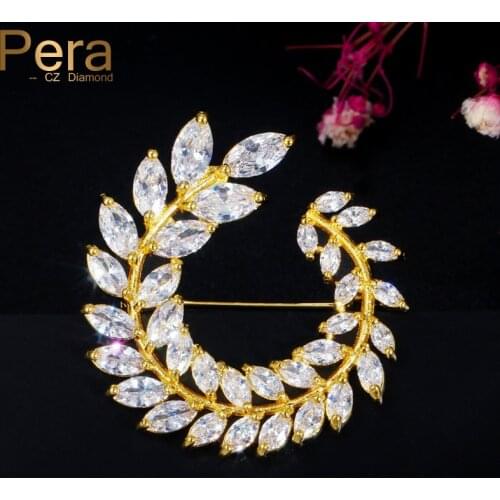 Pera New Designer Marquise Cut Leaf CZ Crystal Paved 585 Gold Big Sample Brooches for Fashion Women Jewelry Accessories C006