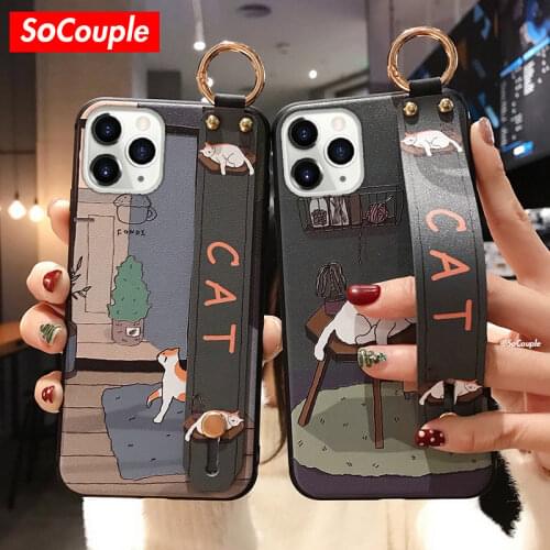 SoCouple Hand Band Case For iphone X XR Xs max 11 12 Pro Max 8 7 Plus SE Soft TPU Funny Cat Wrist Strap Phone Holder Case