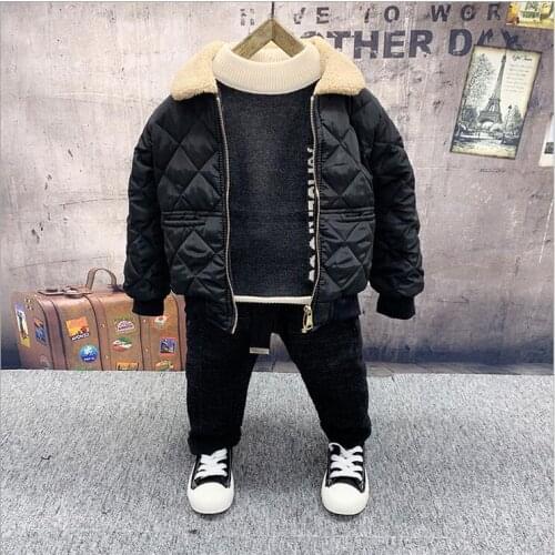 Children Boys winter Kids Clothing Sets Baby Kids warm coat,Knit sweater,plush jeans 3pcs Toddler Boys Sports Clothes Set 2-6Y