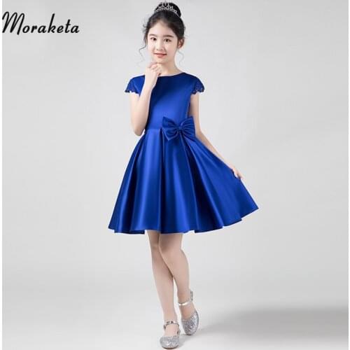 Royal Blue Satin Knee length Girls Dresses For Evening Prom Princess Simple Kids A-line Flower Girl Dresses
