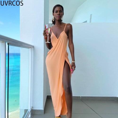 UVRCOS Long Tunic Woman Solid Sresses For Women 2021 Party Club Deep V-neck Camis Side Slit Sleeveless Backless Hot Sexy Dress