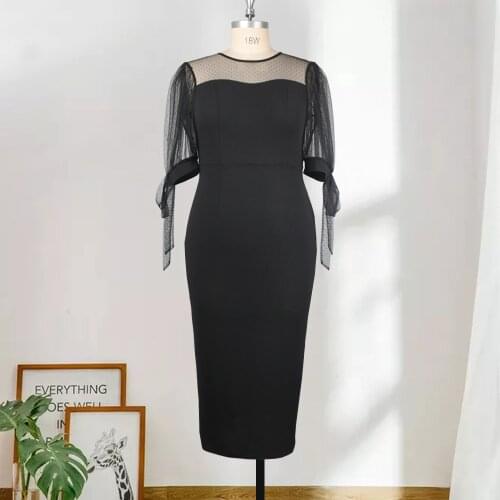 Elegance Black Long Dress Women Tulle Sleeve Bow Tie Pencil Dress Plus Size 4XL 5XL Large Office Birthday Evening Party Outfits