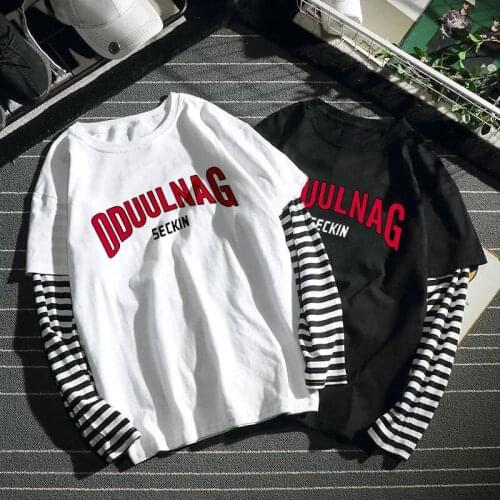 T-Shirt Mens 2019 Spring New Brand Hip-Hop Stripe Splicing Summer Tee Top Fake Two Pieces Long Sleeve Men T Shirt