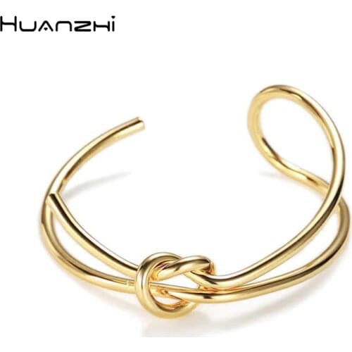 HUANZHI 2019 New Design Metal Gold Copper Plated Double Layer Knot Bracelets for Women Girl Bangle Party Jewelry Gift