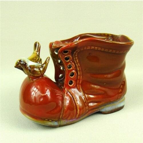 Creative Ceramic Leather Shoe Flower Pot Decorative Porcelain Garden Succulent Planter Room Bird Miniature Ornament Handicraft