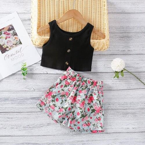 Toddler Girls 2PCS Summer Outfits, Sleeveless Button Front Rib Knit Tank Tops + Floral Shorts Set New Fashion 2021