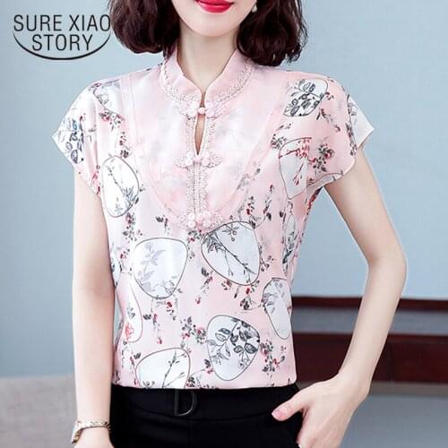 2020 Summer Chinese Style Vintage Printed Silk Blouse Women Loose Tops Elegant Organza Stand Collar Short Sleeve Lady Tops 9873