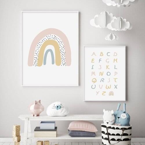 Cartoon Rainbow ABC Alphabet Pink Posters Nursery Canvas Painting Wall Art Pictures Prints Interior Kids Room Home Decoration