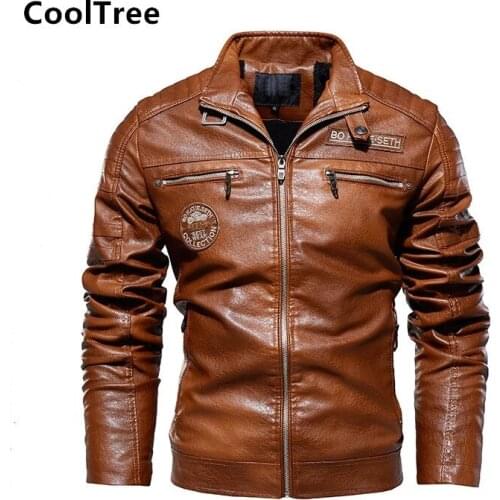 CoolTree Men Leather Jackets Autumn Winter Fleece Thick Warm PU Coats Male Slim Fit Solid color Motorcycle Leather Outerwear Top