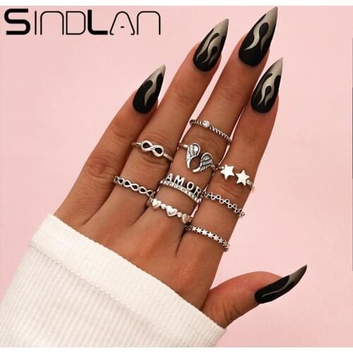 Sindlan 9Pcs Simple Silver Color Star Wing Finger Ring Set for Women Boho Heart Crystal Letter AMOR Couple Fashion Joint Jewelry