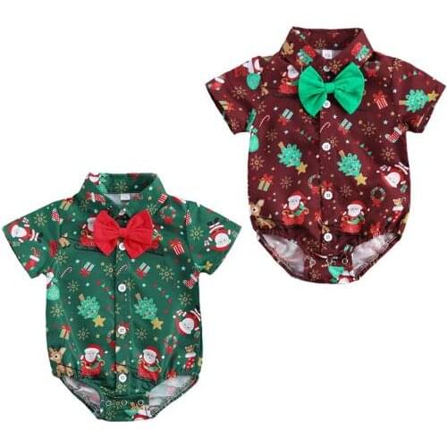 Newborn Baby Boys Christmas Bodysuits Short Sleeve Bow-tie Cartoon Pattern Bodysuits Boys Xmas Costume