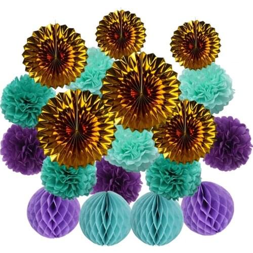 New Design Mermaid Party Favor Gold Purple Mint Paper Crafts Kids Baptism Decoration Hanging Paper Fan Pink Wedding Decor Items