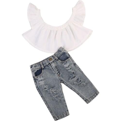 Infant Kd Baby Girls Clothing Ser Off Shoulder Tops +Hold Denim Pants Jeans Outfits Clothes Playsuit