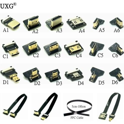 Ribbon Flat FPV HDMI-Compatible Connector Flexible Cable Raspberry Pi 4 Micro HD to HD/Mini -Compatible Female 90 Degree FFC 20p