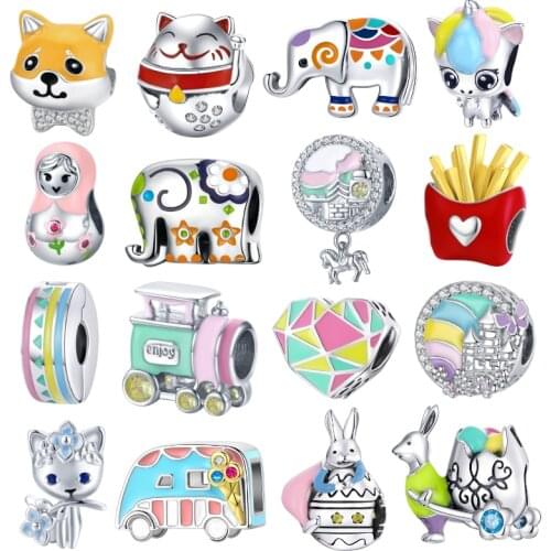 Real 925 Sterling Silver Enamel Charms Animal Food Castle Charms Easter Egg Beads For Bracelet Necklaces DIY Jewelry