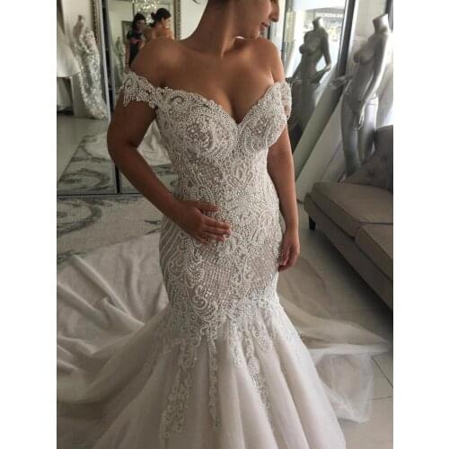 Robe De Mariee Hot Luxury Mermaid Wedding Dresses Sexy Deep V Neck Cap Sleeve Pearls Lace Wedding Gowns Vestido de Noiva