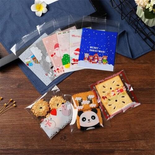 100Pcs/Lot Self Adhesive Santa Claus Plastic Bag Christmas Cookies Candy Baking Santa Tree Packaging Pouches Chocolate Bags Gift