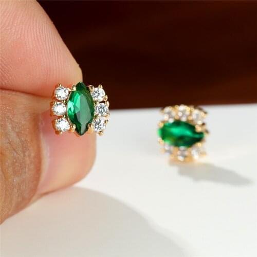 Simple Fashion Green Zircon Earrings Luxury Female Crystal Leaf Stud Earrings Charm Gold Color Bridal Wedding Earrings For Women