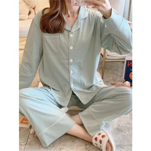 Spring and Autumn Pajamas Womens Thin Solid Color Sweet Cotton Thin Long-Sleeved Cardigan Student Two Piece Suit pijamas women