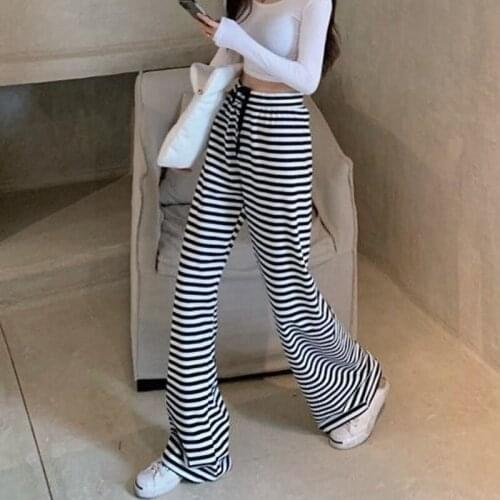 Womens Fashion Loose Wide Leg Casual Pants 2021 High Waist Striped Summer Female Trousers Plus Size Comfy Ankle Length Pant Pop