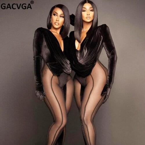 GACVGA Mesh Patchwork Velvet Deep V Long Sleeve Slim Jumpsuits Women Sexy See-Through Rompers Autumn 2021 Fashion Streetwear