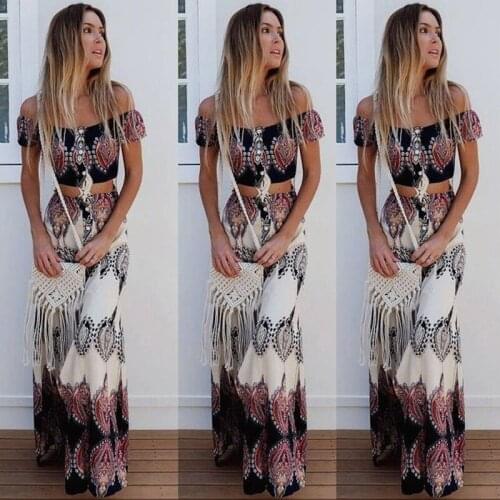 Boho Print Summer Women Sexy Strapless Two Piece Set Slash Neck Short Sleeve Crop Tops&Long Skirts Beach Maxi Skirts Suit