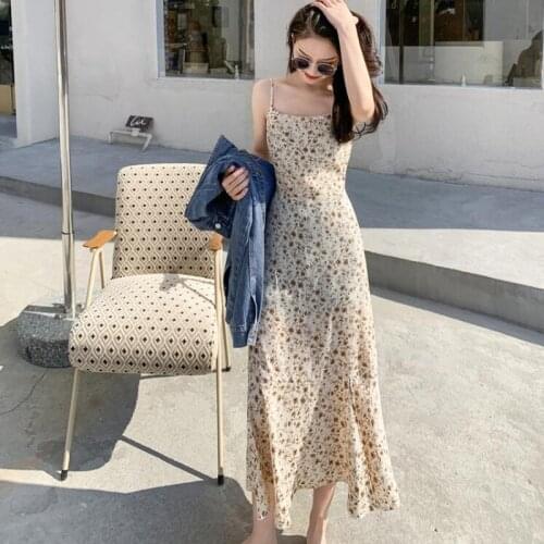 Casual Summer Floral Print Spaghetti Strap Women Dress 2021 Elegant Sleeveless Ruffled Long Sundress High Wasit A-line Vestidos