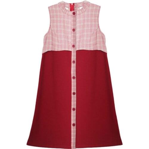 PERHAPS U Red Plaid Patchwork O Neck Single-breasted Tank Sleeveless Dress Sweet Summer Vintage D1669