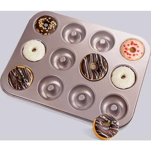 Golden Carbon Steel Bakeware 12 Cell Non-Stick Donut Mold DIY Cake Chocolate Dessert Cookie Baking Mould Kitchen Accessories