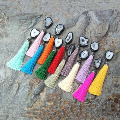 10pcs Natural crystal geode Slice Drusy Connector Double Bails with Tassel DIY necklace earrings Jewelry Finding PD643