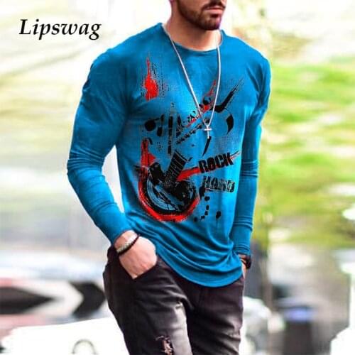 2021 Spring Long Sleeve Casual T Shirt Men Fashion Guitar Print O-Neck Tops Pullover Vintage Male Tee Shirts Harajuku Streetwear