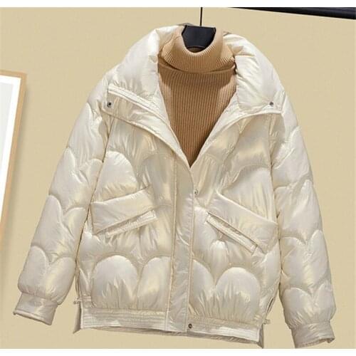 2021 Winter Fashion New Plus Size Women Clothing Loose Stand-Up Collar Bright Surface Thickening Warmth Cotton Clothing Trend