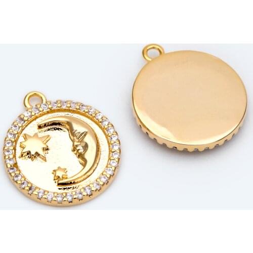 4pcs CZ Paved Round Moon Star Charms, 18K Gold Plated Brass, Disk Pendants For Necklace Women DIY Jewelry Making (GB-2109)