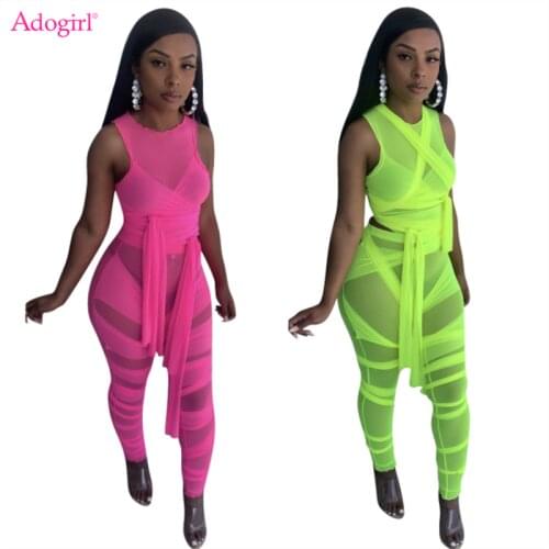 Adogirl Fluorescent Colors Tassel Sheer Mesh Two Piece Set Women Sexy Ribbon Lace Up Sleeveless Crop Top Pencil Trousers Suit