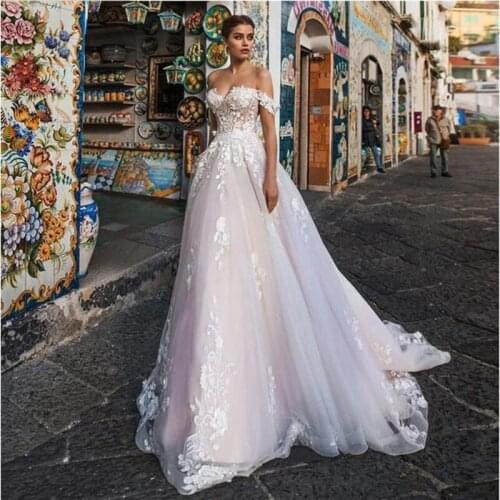 Boho Bohemian Beach Wedding Dress 2021 Off The Shoulder Sweetheart Appliqued Bride Dresses A Line Lace Bridal Gowns