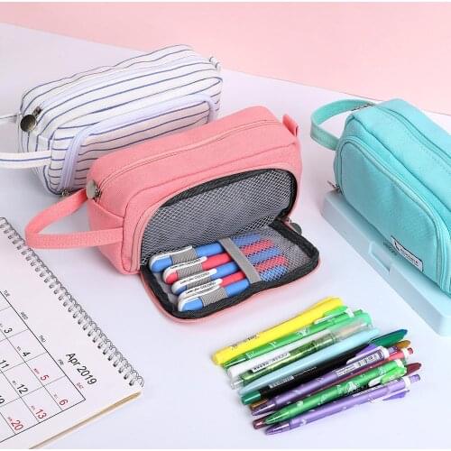 2020 Pencil Case Solid Color Pencilcase Large Capacity Double Layer School Pen Case Supplies Pencil Bag Stationery