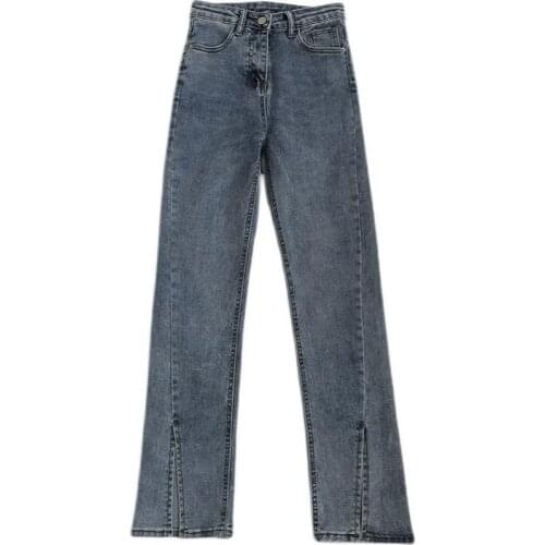 Denim Pants Female Micro Flared Jeans Streetwear Korean Fashion All-Match High Waist Trousers 2021 Women Slits Washed Stretch