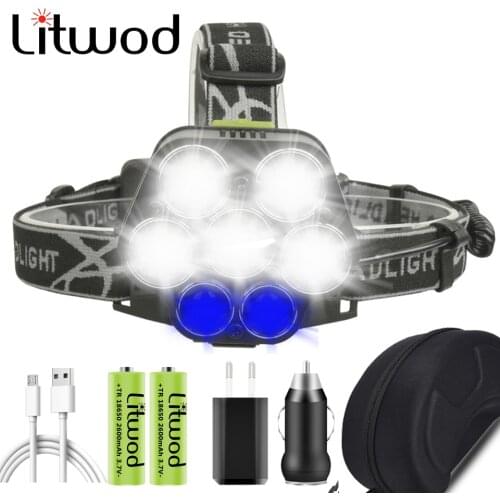 Led Headlamp Headlight Flashlight 2pcs 18650 Battery White & Blue Light for Fishing Litwod 7 LED Camping lighting outdoor