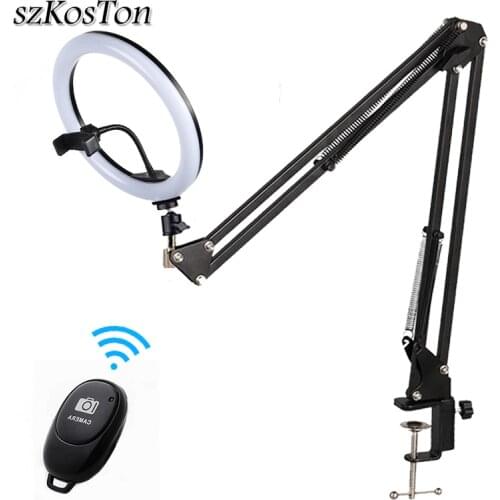 Dimmable 10inch Ring Light With Long Arm Desk Phone Holder 3 Colors Warm Cold Lamp Video Live Photography LED Selfie Ring Light