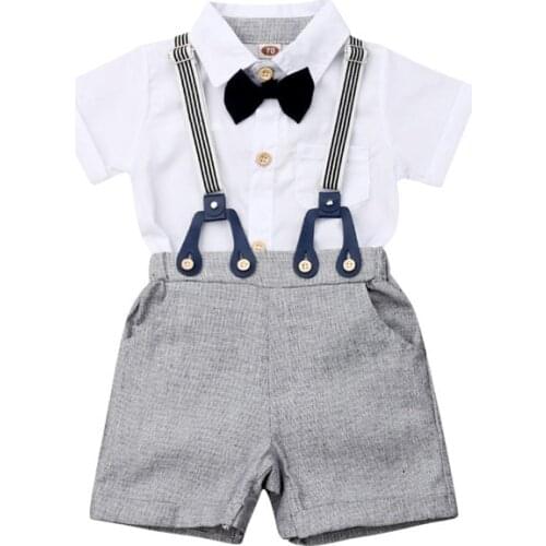 Baby Boys Clothes Set Toddler Kids Outfit Gentleman Formal Suits Party Wedding Bowtie Shirt Bodysuit+Suspenders Pants 2pcs