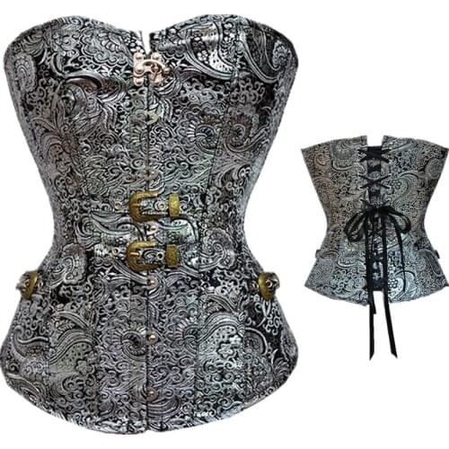 Retro Steampunk Corset Top Women Sexy Corset Overbust Lingerie Basque Gothic Clothing Waist Cincher Body Shaper Grey